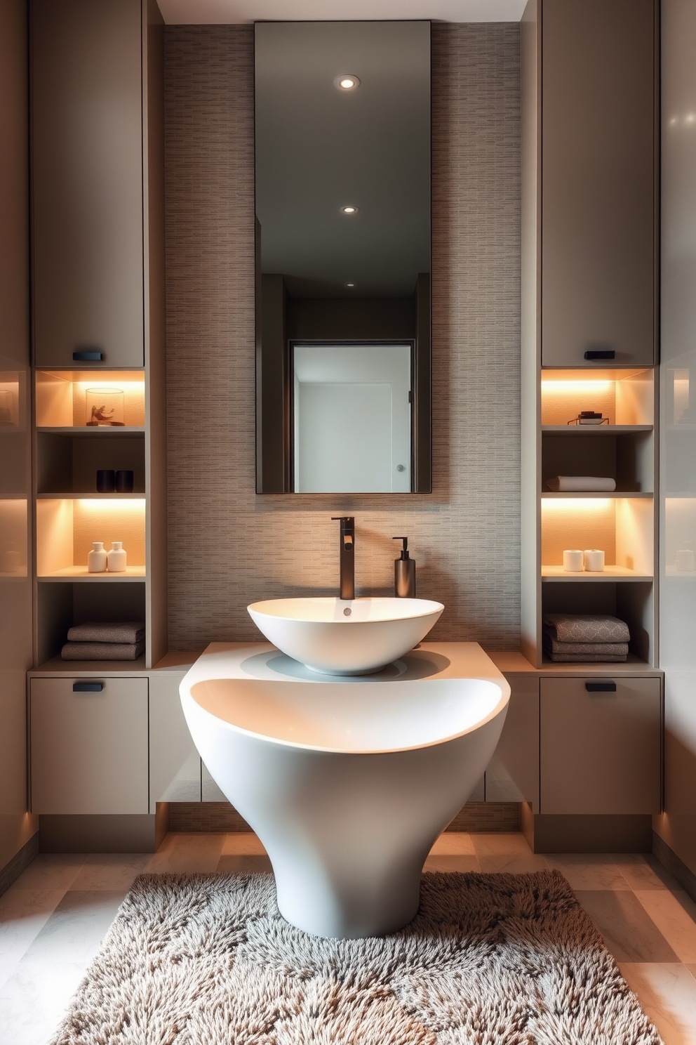 A stunning bathroom featuring a sculptural sink as the focal point draws attention with its unique shape and elegant design. Surrounding the sink, minimalist cabinetry and soft ambient lighting create a serene atmosphere. The walls are adorned with textured tiles in a neutral palette that complements the sink's artistry. A plush rug in front of the sink adds warmth and comfort to the space, inviting relaxation.