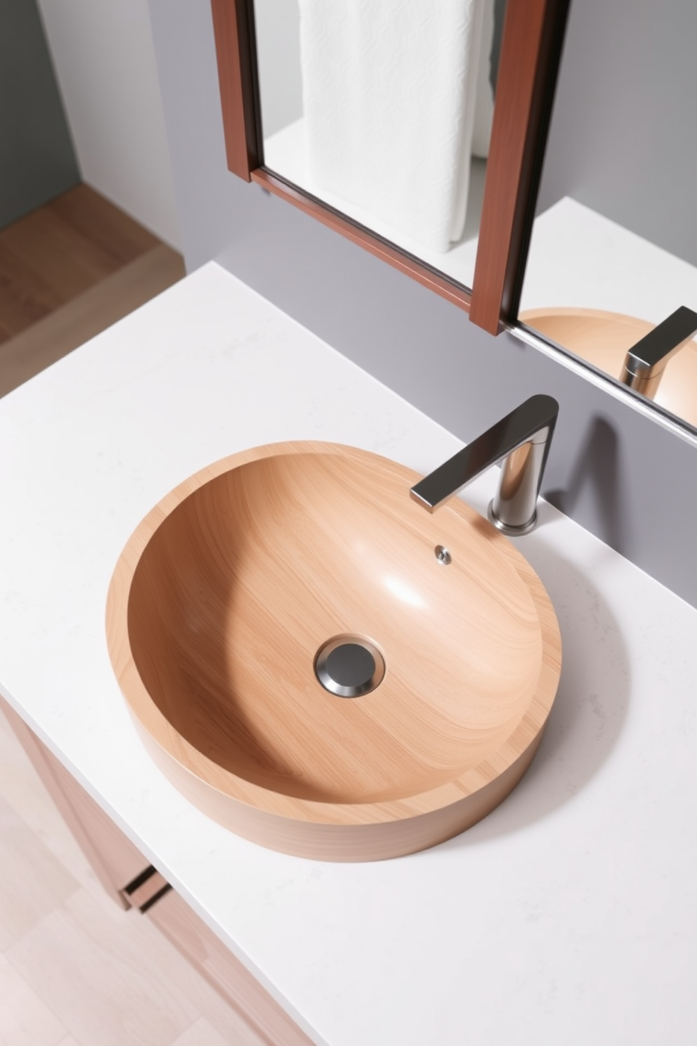 A minimalist bathroom sink design featuring an understated sink with a natural wood finish. The sink is complemented by sleek, brushed nickel fixtures and surrounded by a simple, elegant countertop made of light-colored stone.