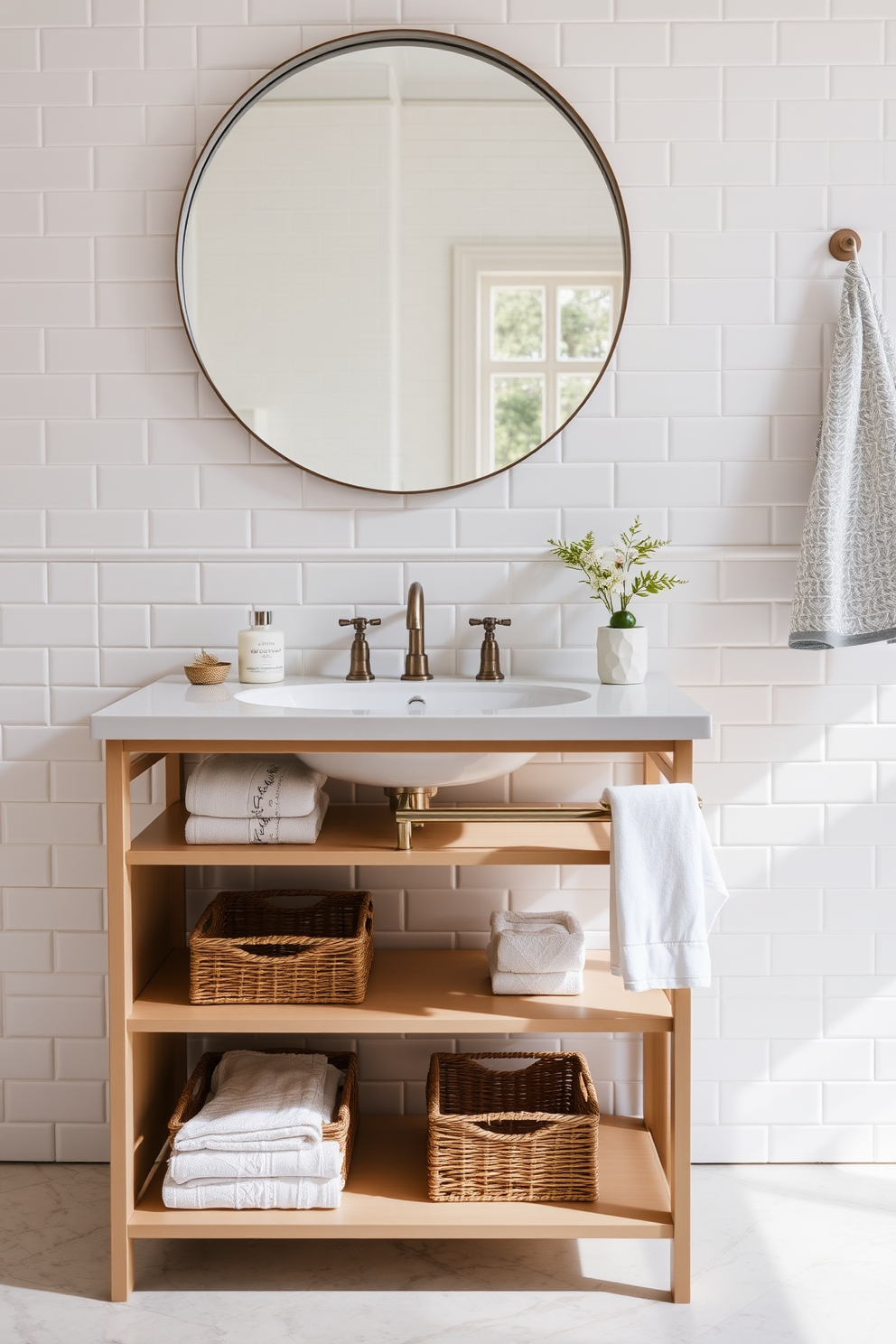 A chic console sink is positioned against a wall adorned with soft white tiles. The open shelving beneath the sink displays neatly arranged towels and decorative baskets, creating a stylish yet functional space. The sink features a sleek, modern design with elegant fixtures that complement the overall aesthetic. Above the sink, a large round mirror reflects natural light, enhancing the airy feel of the bathroom.