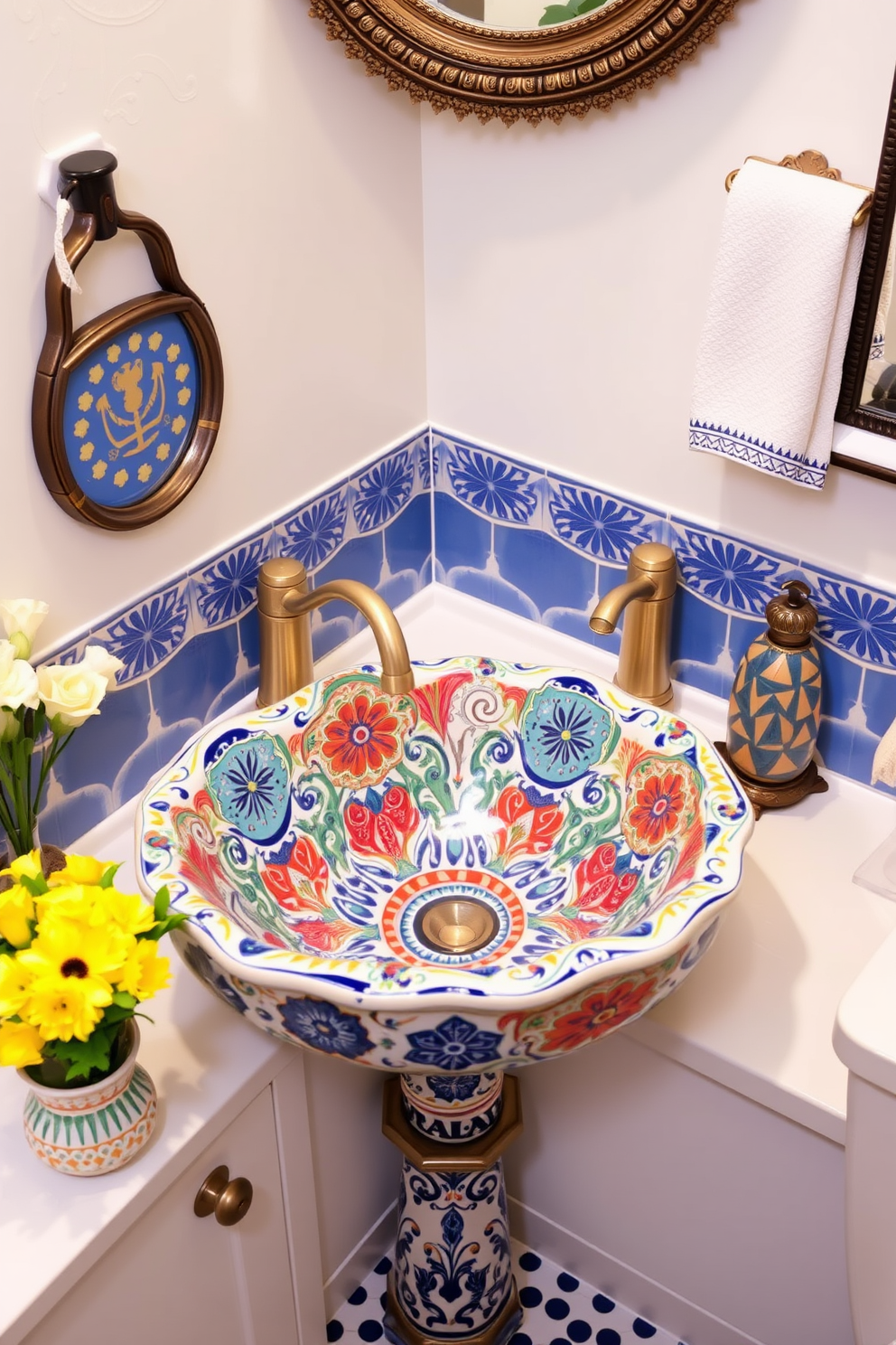 A vibrant bathroom features a colorful ceramic sink that showcases intricate patterns and artistic designs. The surrounding space is adorned with complementary decor elements that enhance the sink's unique character and charm.