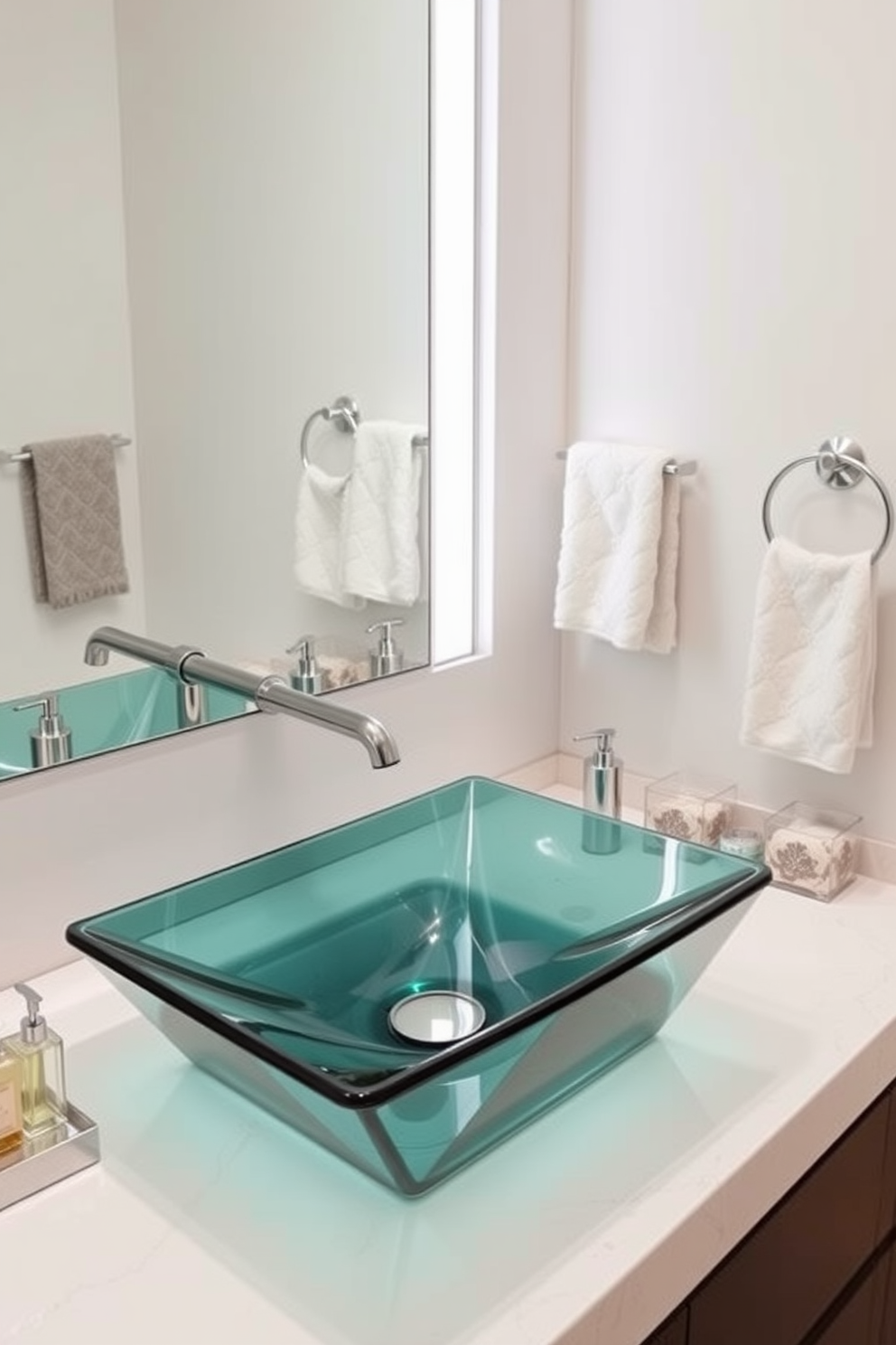 A stunning bathroom featuring a glass sink with a unique geometric shape that serves as the focal point of the space. The surrounding area is adorned with elegant fixtures and a sleek countertop that complements the innovative design of the sink. The walls are painted in a soft, neutral tone, enhancing the contemporary feel of the bathroom. Stylish accessories, such as modern soap dispensers and plush towels, complete the sophisticated look of this bathroom sink design.