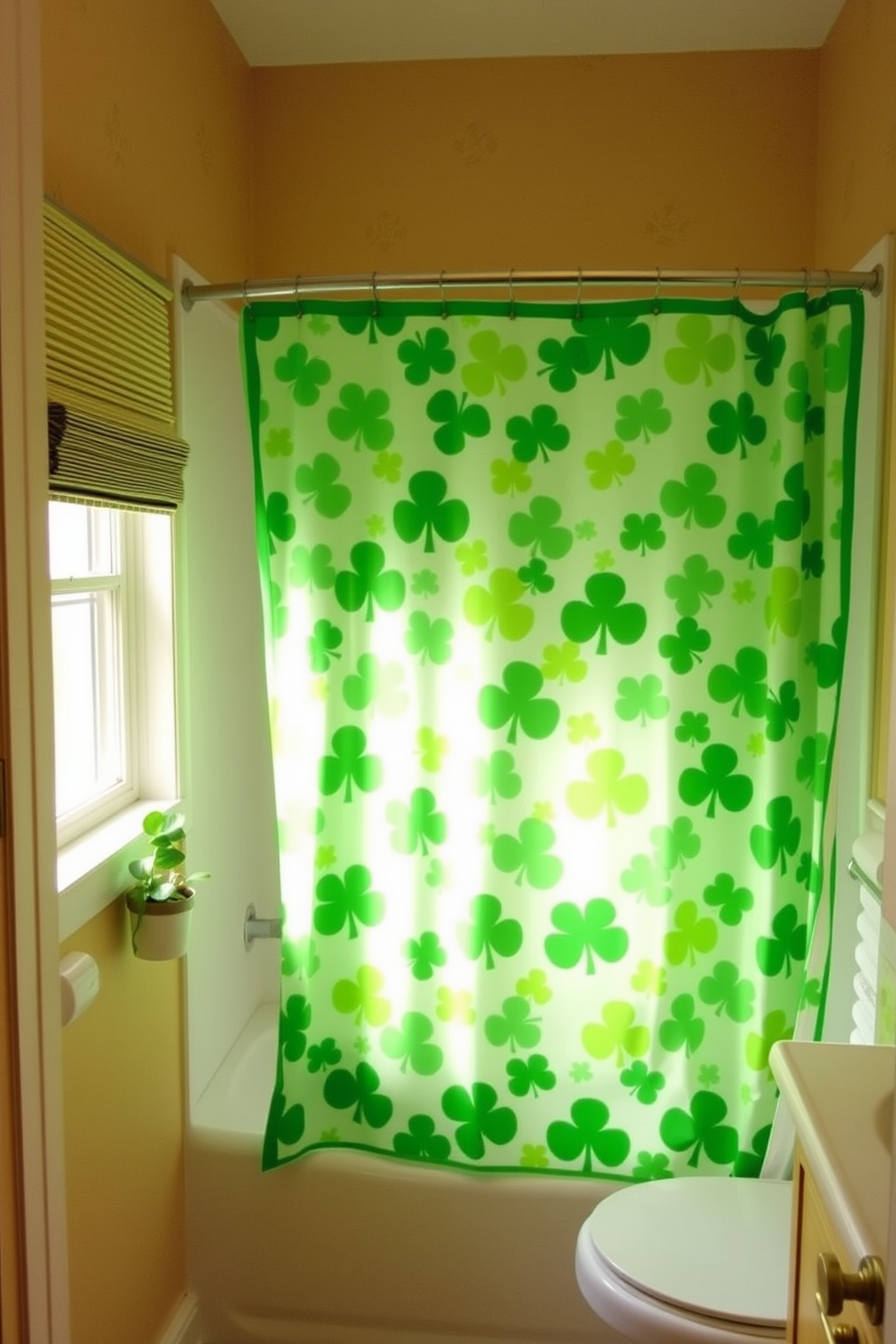 A vibrant bathroom setting featuring a green and gold shower curtain set that adds a festive touch for St. Patrick's Day. The walls are adorned with subtle gold accents, and decorative elements such as shamrock-themed towels and a matching bath mat enhance the celebratory atmosphere.