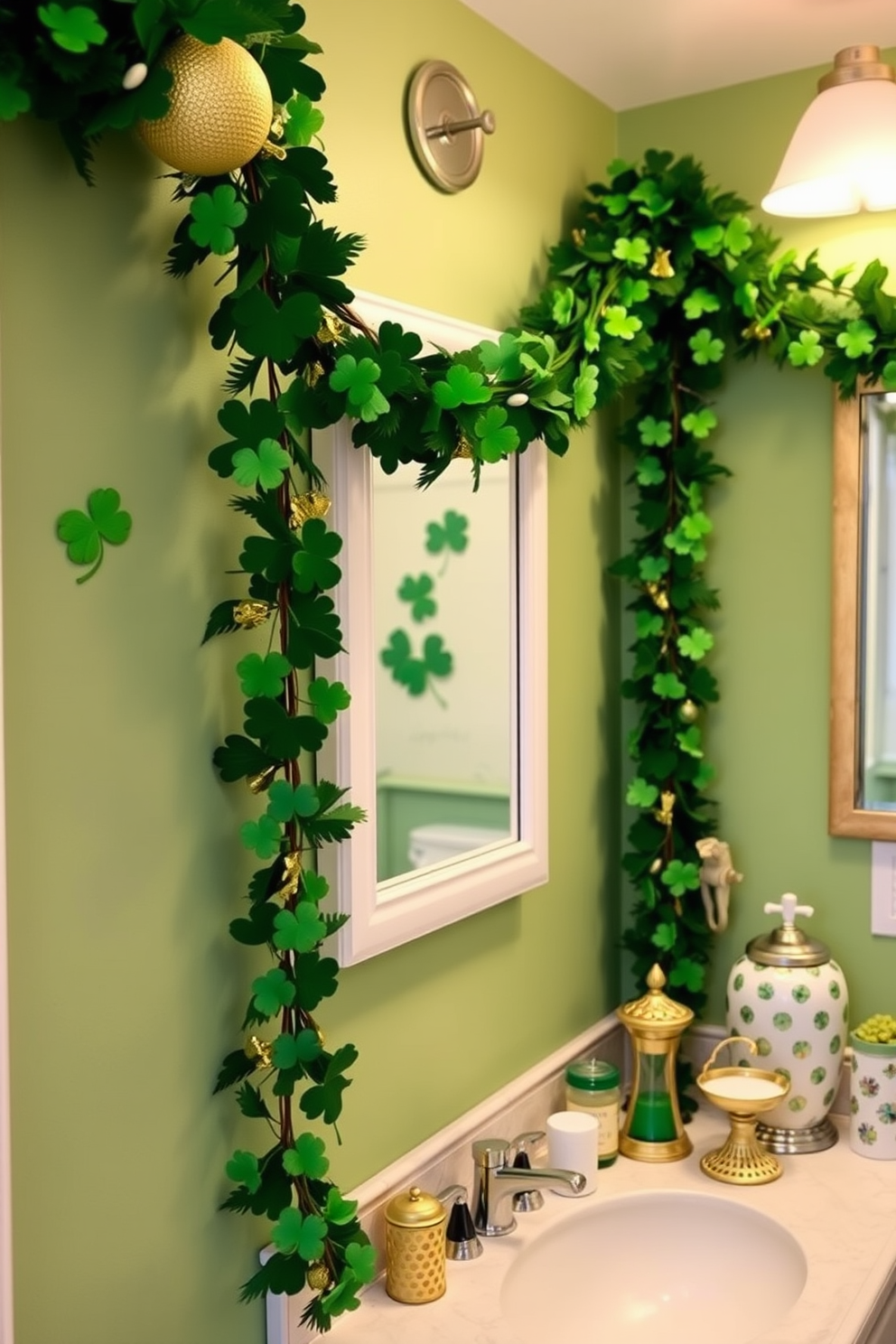 A festive bathroom setting adorned with a vibrant garland featuring shamrocks and gold accents. The walls are decorated with subtle green hues, and the countertop showcases a stylish arrangement of St. Patrick's Day-themed decor.