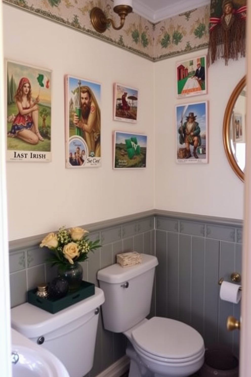 A charming bathroom adorned with green floral arrangements in a stylish vase. The decor features subtle St. Patrick's Day elements, such as delicate shamrock motifs and accents in shades of green.