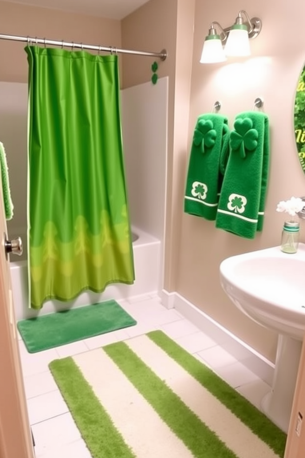 A cozy bathroom featuring a green and white striped bath rug that adds a festive touch. The space is adorned with St. Patrick's Day decorations, including shamrock-themed towels and a cheerful green shower curtain.