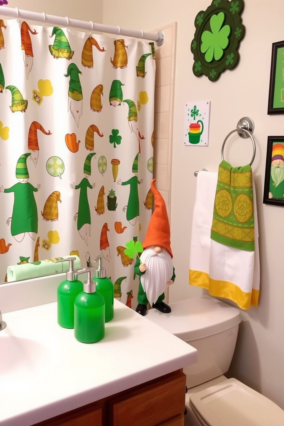 A whimsical bathroom setting featuring gnome-themed accessories. The decor includes a shower curtain adorned with playful gnome illustrations and matching towels with vibrant green and gold accents. The countertop is decorated with a gnome figurine holding a shamrock, alongside a set of green soap dispensers. The walls are adorned with St. Patrick's Day themed art, creating a festive and cheerful atmosphere.