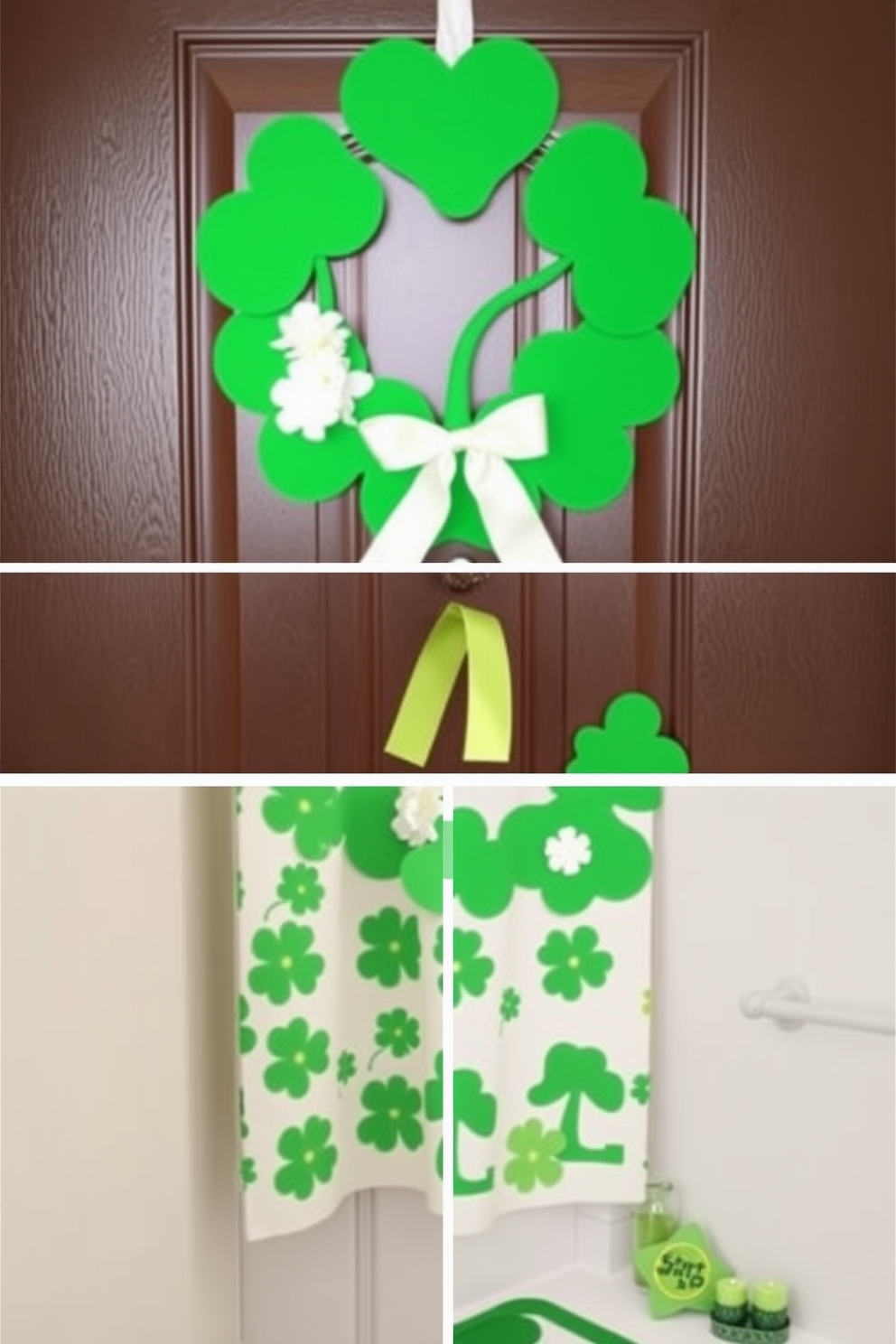 A charming bathroom decor featuring embroidered shamrock hand towels elegantly displayed on a polished wooden towel rack. The walls are adorned with festive St. Patrick's Day decorations, including green accents and whimsical artwork that celebrate the holiday spirit.