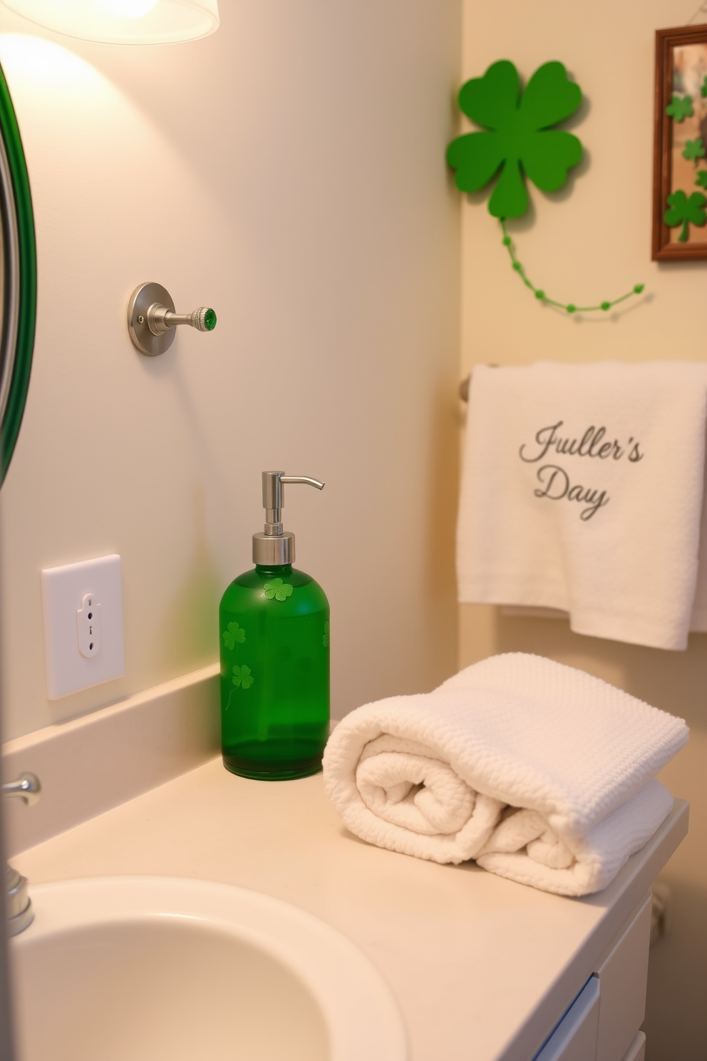 A charming bathroom setting designed for St. Patrick's Day. A green soap dispenser adorned with clovers sits on the countertop next to a neatly folded white towel. The walls are decorated with subtle green accents to enhance the festive theme. Soft lighting creates a warm ambiance, making the space inviting and cheerful.