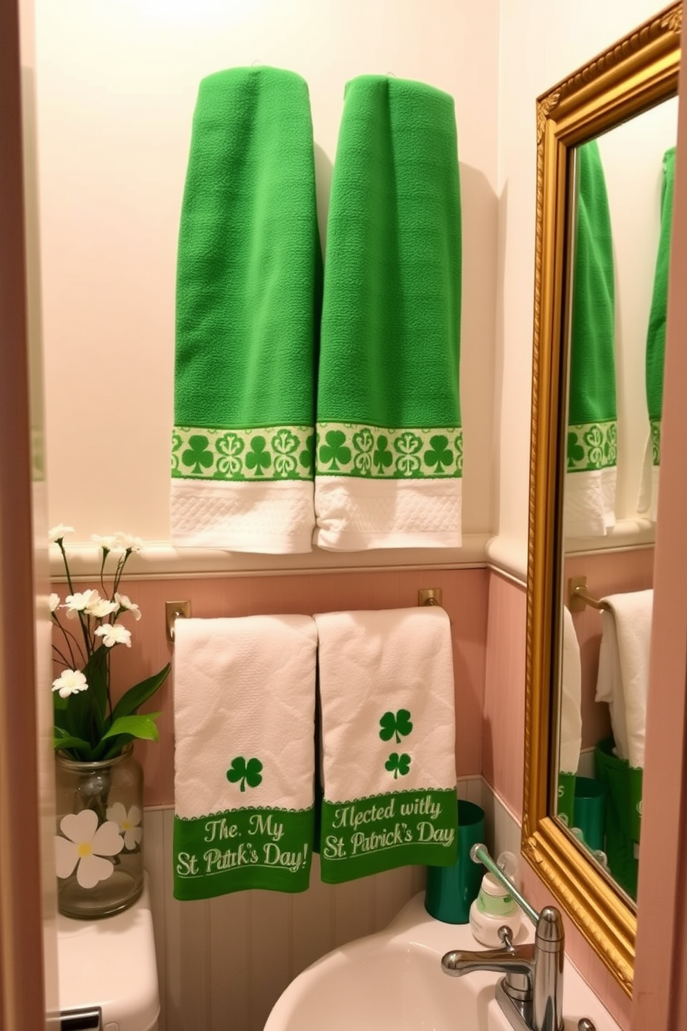 A cozy bathroom adorned with St Patrick's Day themed hand towels. The towels feature vibrant green hues and playful shamrock patterns, adding a festive touch to the space. Decorative accents include a small potted plant with white flowers and a gold-framed mirror reflecting the cheerful decor. Soft lighting enhances the warm atmosphere, creating a welcoming environment for guests.