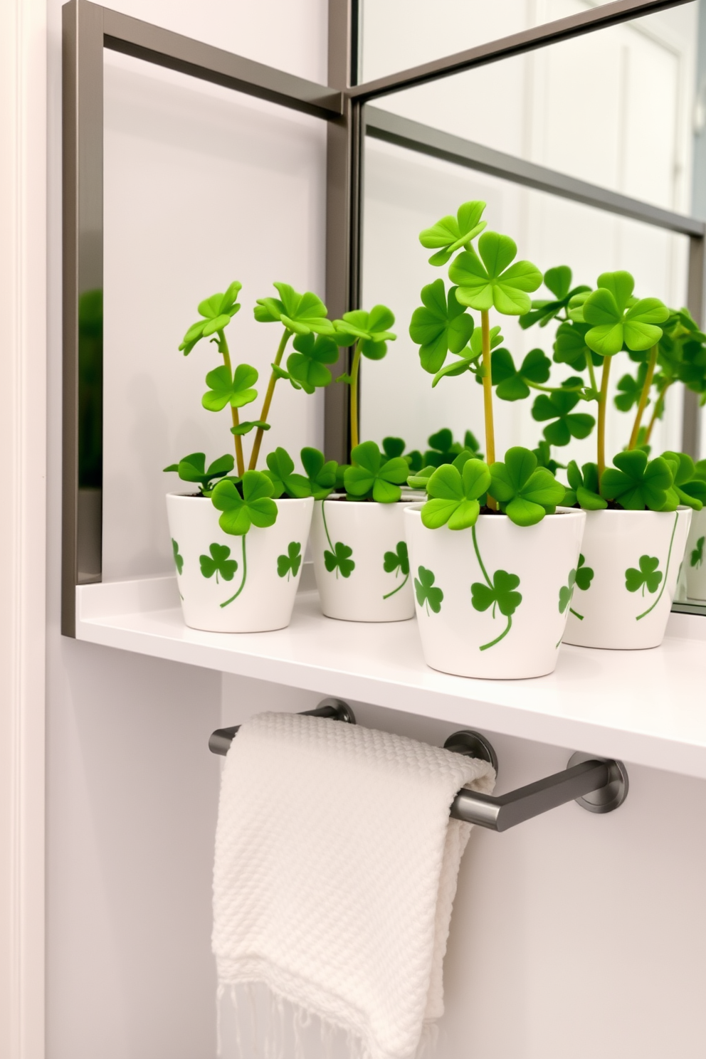 Ceramic shamrock plant pots are arranged on a sleek bathroom shelf, adding a touch of festive charm. Each pot features vibrant green shamrocks, enhancing the St. Patrick's Day theme with a playful yet elegant aesthetic.