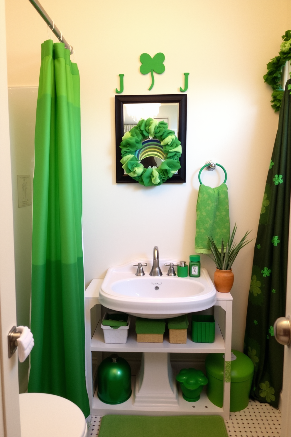 Create a vibrant bathroom scene featuring festive shower curtain hooks in a cheerful green hue. The decor is themed around St. Patrick's Day, with playful accents and decorations that evoke the spirit of the holiday.