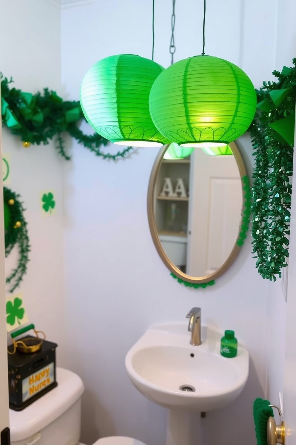 A vibrant bathroom setting inspired by St Patrick's Day. The space features bath bombs in various shades of green, adorned with gold glitter and shaped like shamrocks. The walls are decorated with festive garlands of shamrocks and leprechauns, creating a playful atmosphere. A plush green rug lies on the floor, complementing the overall theme and adding a cozy touch.