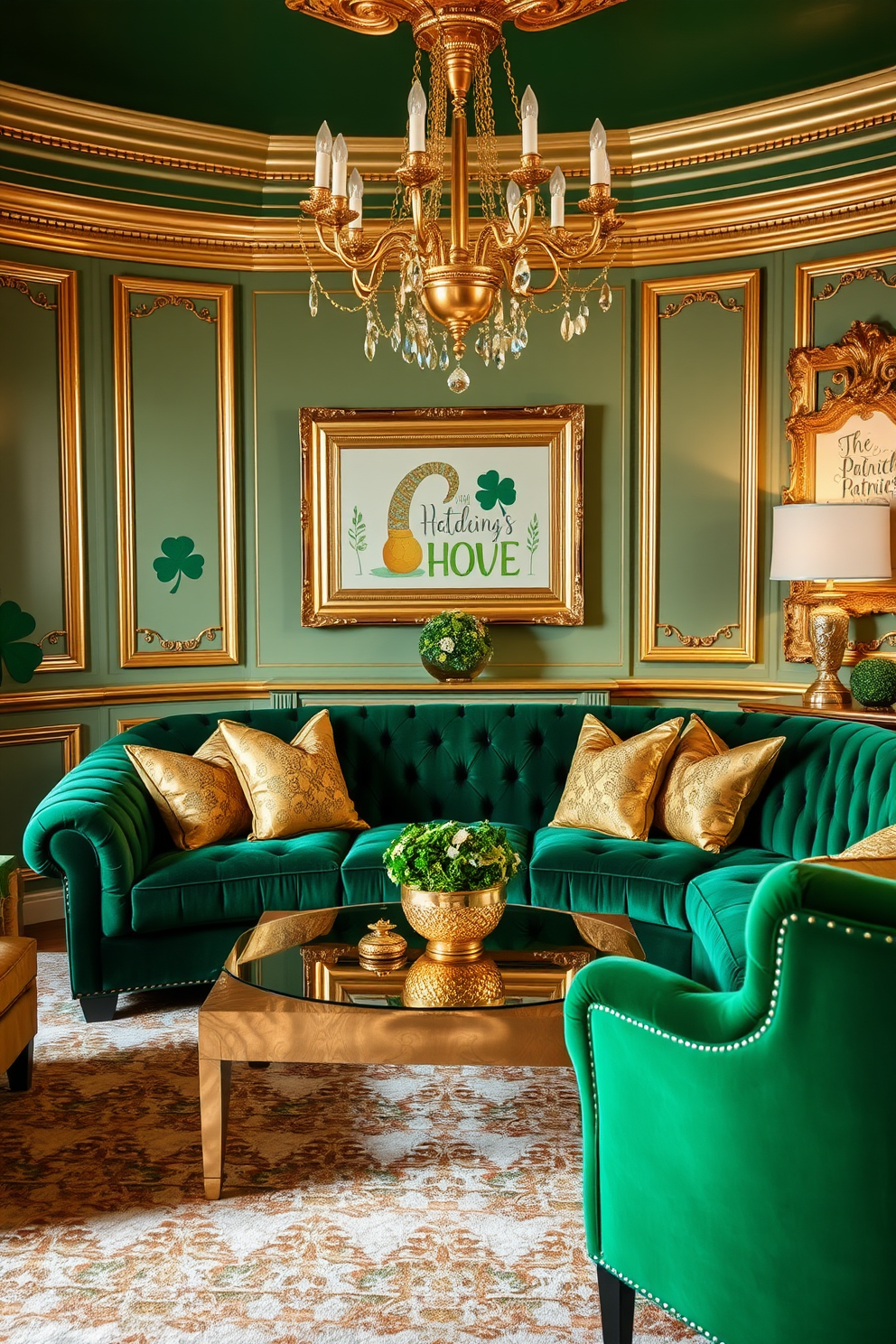 A luxurious living room adorned with gold accents to evoke a festive charm. The space features a plush green velvet sofa complemented by gold throw pillows and a shimmering gold coffee table at the center. On the walls, elegant gold-framed artwork showcases playful St. Patrick's Day themes. A striking gold chandelier hangs from the ceiling, casting a warm glow over the room, while green and gold decorations create a cohesive and inviting atmosphere.