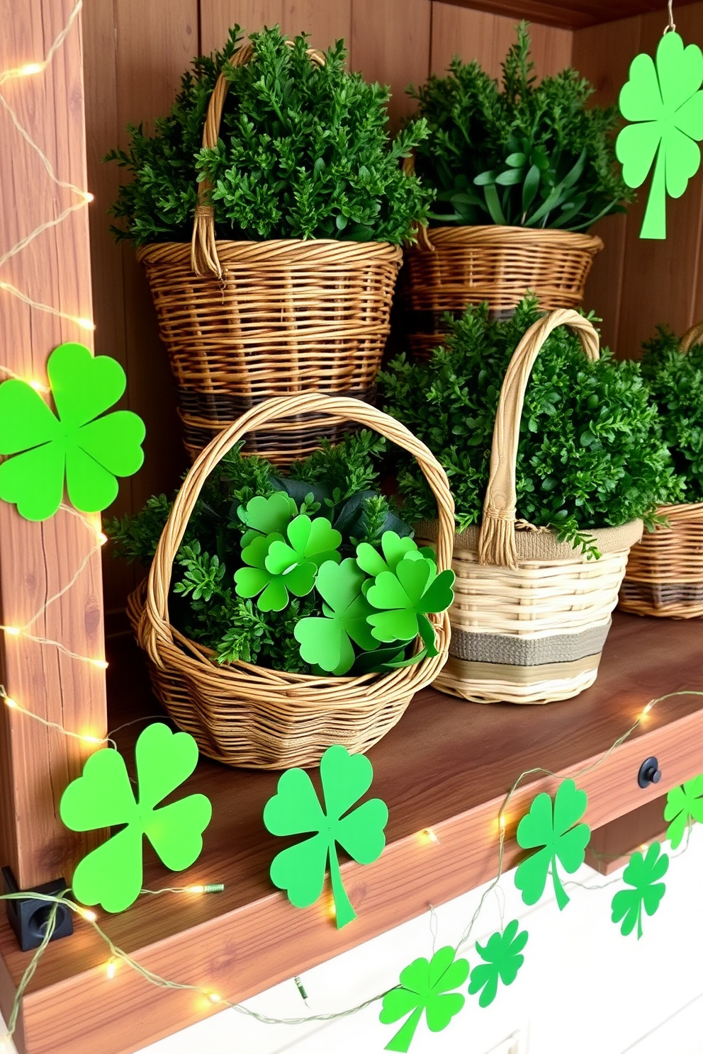 Decorative baskets filled with lush green accents create a festive atmosphere for St. Patrick's Day. The baskets are arranged on a rustic wooden shelf, complemented by twinkling fairy lights and vibrant shamrock decorations.