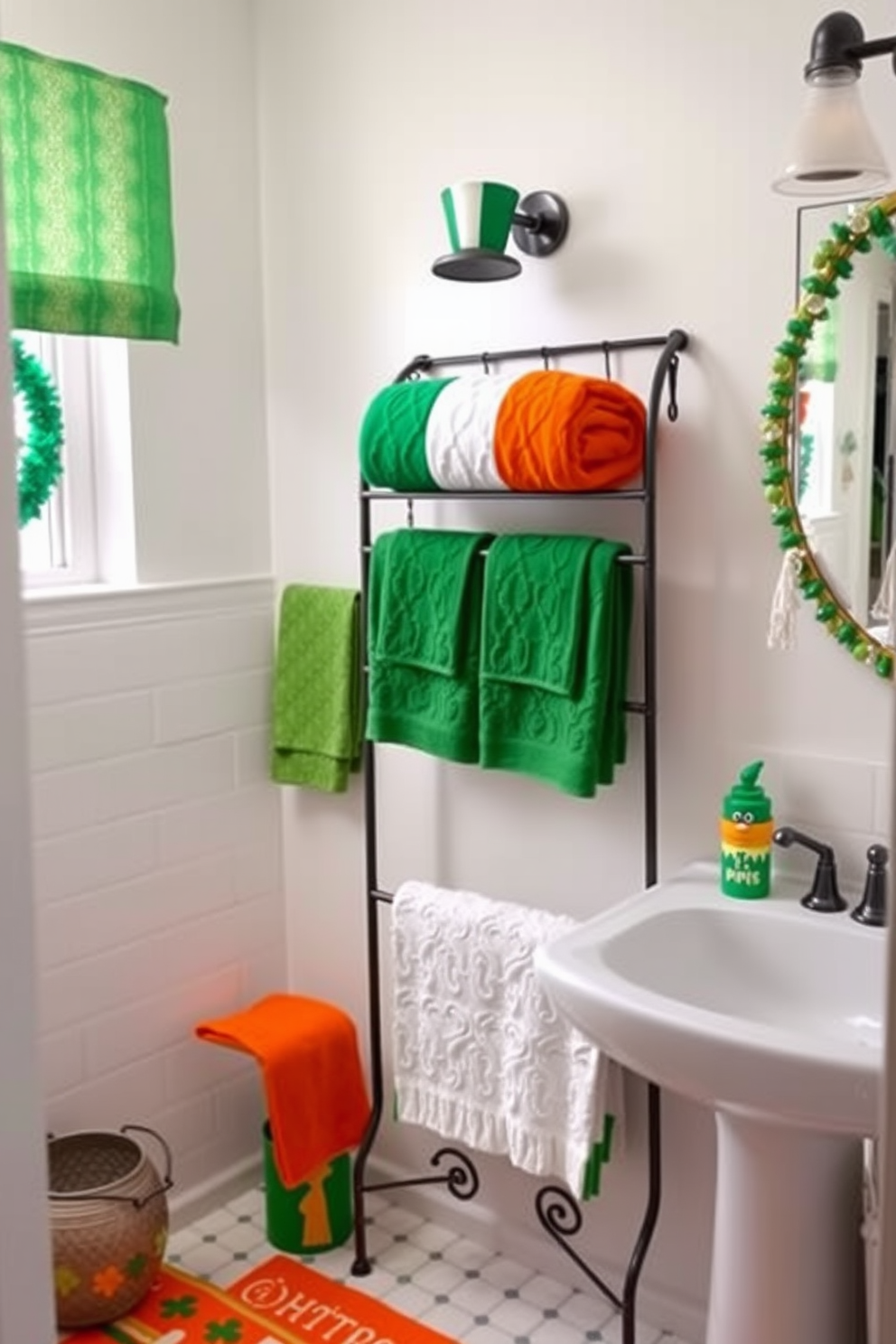 Themed picture frames are arranged on a shelf, showcasing family photos in a variety of colors and styles. Each frame is uniquely designed to reflect the personalities of the family members captured within. The bathroom is adorned with festive St. Patrick's Day decorations, featuring green accents and shamrock motifs. A cheerful arrangement of green towels and themed accessories adds a playful touch to the space.