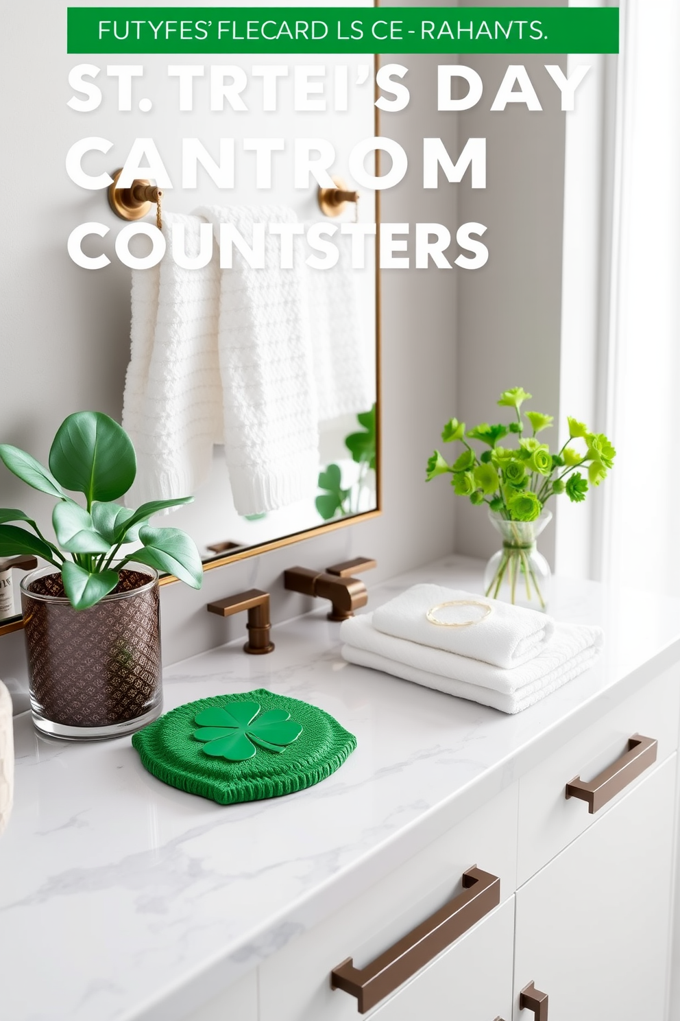 A charming display of green glass jars arranged on a rustic wooden shelf. Each jar is filled with various St. Patrick's Day decorations such as shamrocks, gold coins, and festive ribbons.