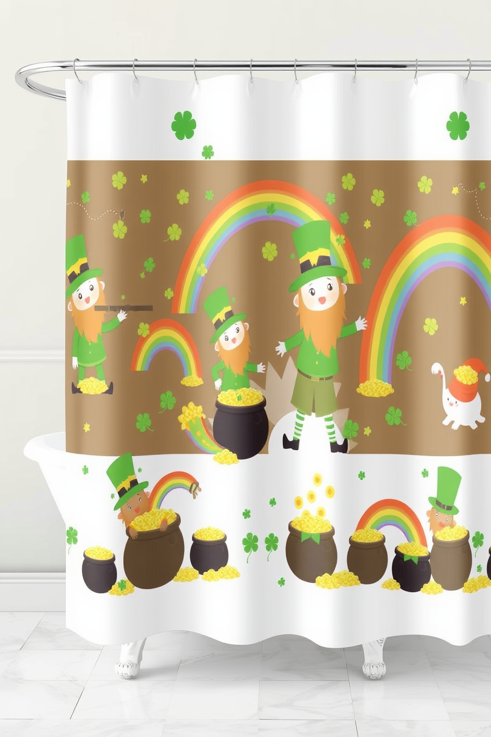 A whimsical leprechaun shower curtain design features playful illustrations of leprechauns surrounded by pots of gold and rainbows. The vibrant colors and cheerful imagery create a festive atmosphere perfect for St. Patrick's Day decorating ideas.