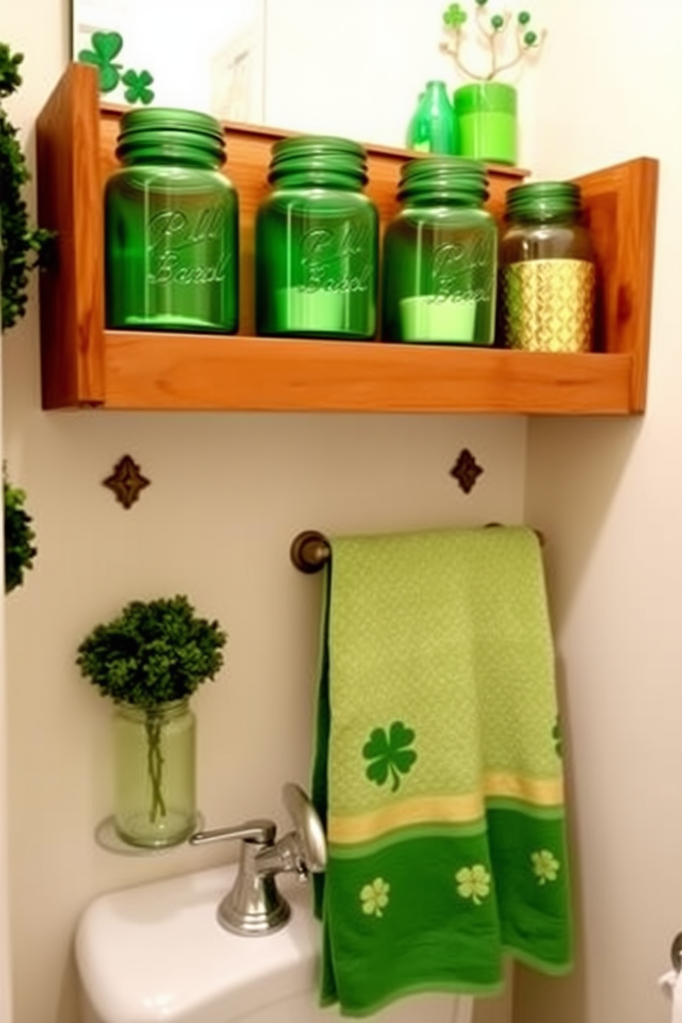 Create a charming bathroom setting featuring green glass jars used as stylish storage solutions. The jars are arranged on a wooden shelf above the sink, complementing the overall decor with a touch of elegance. Incorporate St. Patrick's Day decorating ideas by adding small shamrock-themed accents throughout the space. A festive green and gold towel is draped over the towel rack, enhancing the holiday spirit in the bathroom.