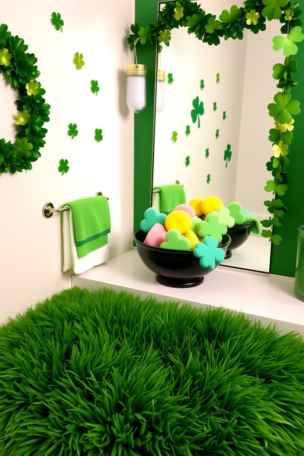 Create a charming sink area adorned with lucky charm coasters that feature vibrant green hues and festive symbols of St. Patrick's Day. The coasters are placed on a polished wooden countertop, complemented by a decorative bowl filled with shamrocks and gold coins nearby.