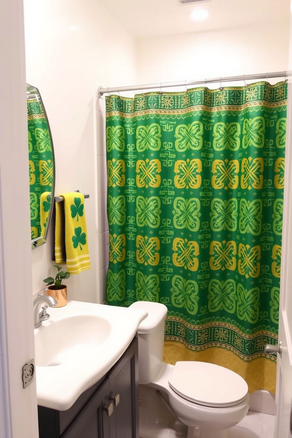 A vibrant bathroom featuring a Celtic patterned shower curtain that adds a festive touch for St. Patrick's Day. The curtain showcases intricate knot designs in shades of green and gold, creating a lively focal point in the space. Complementing the curtain, decorative accents include shamrock-themed towels and a small potted plant on the vanity. The walls are painted in a soft white, allowing the colorful elements to stand out beautifully.