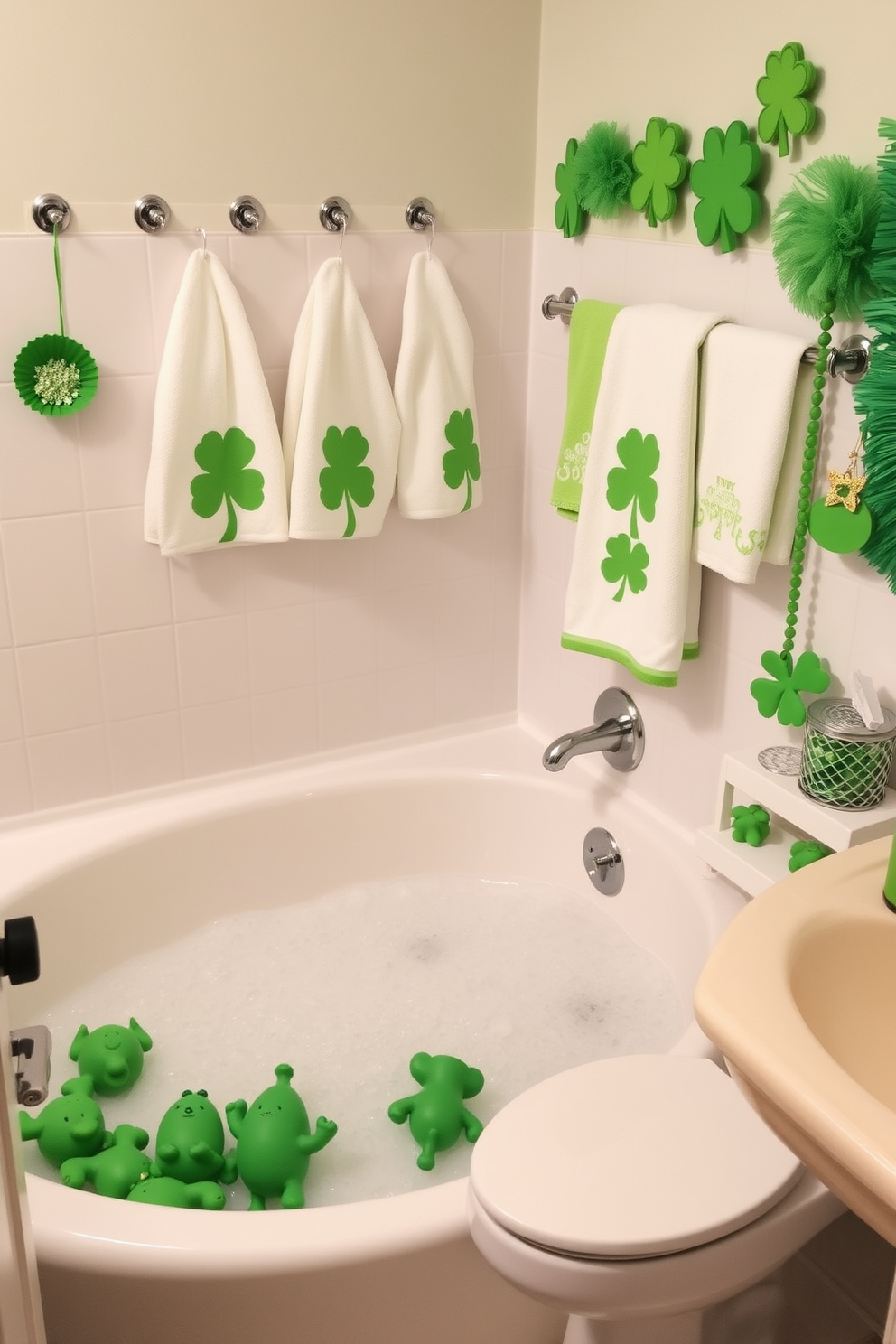 A playful bathroom setting designed for children. Bright green bath toys are scattered around a bubbly bathtub, creating a fun and inviting atmosphere. A festive bathroom adorned with St. Patrick's Day decorations. Shamrock-themed towels hang on the rack, and cheerful green accents bring a touch of holiday spirit to the space.