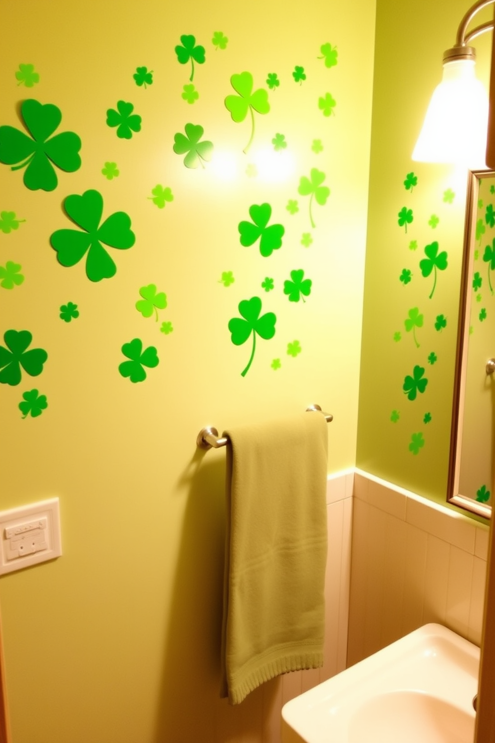 A vibrant bathroom adorned with lucky clover wall decals creates a festive atmosphere for St. Patrick's Day. The decals feature various shades of green and are playfully arranged around the mirror and above the towel rack.