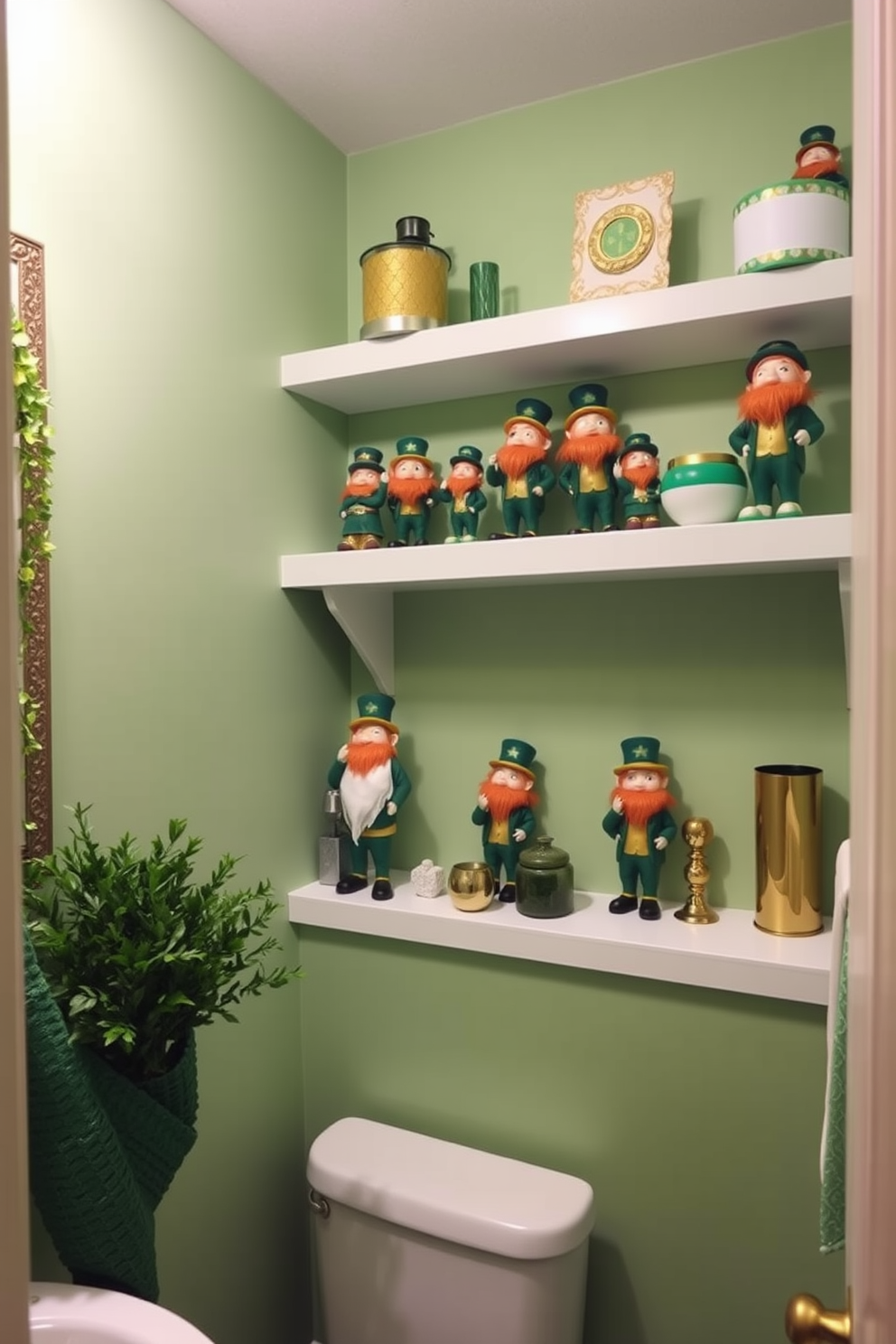 A charming bathroom adorned with St. Patrick's Day decorations. Shelves are lined with whimsical leprechaun figurines in various poses, adding a playful touch to the space. The walls are painted in a soft pastel green, while accents of gold and white complement the festive theme. A small decorative plant sits beside the leprechauns, enhancing the cheerful atmosphere.