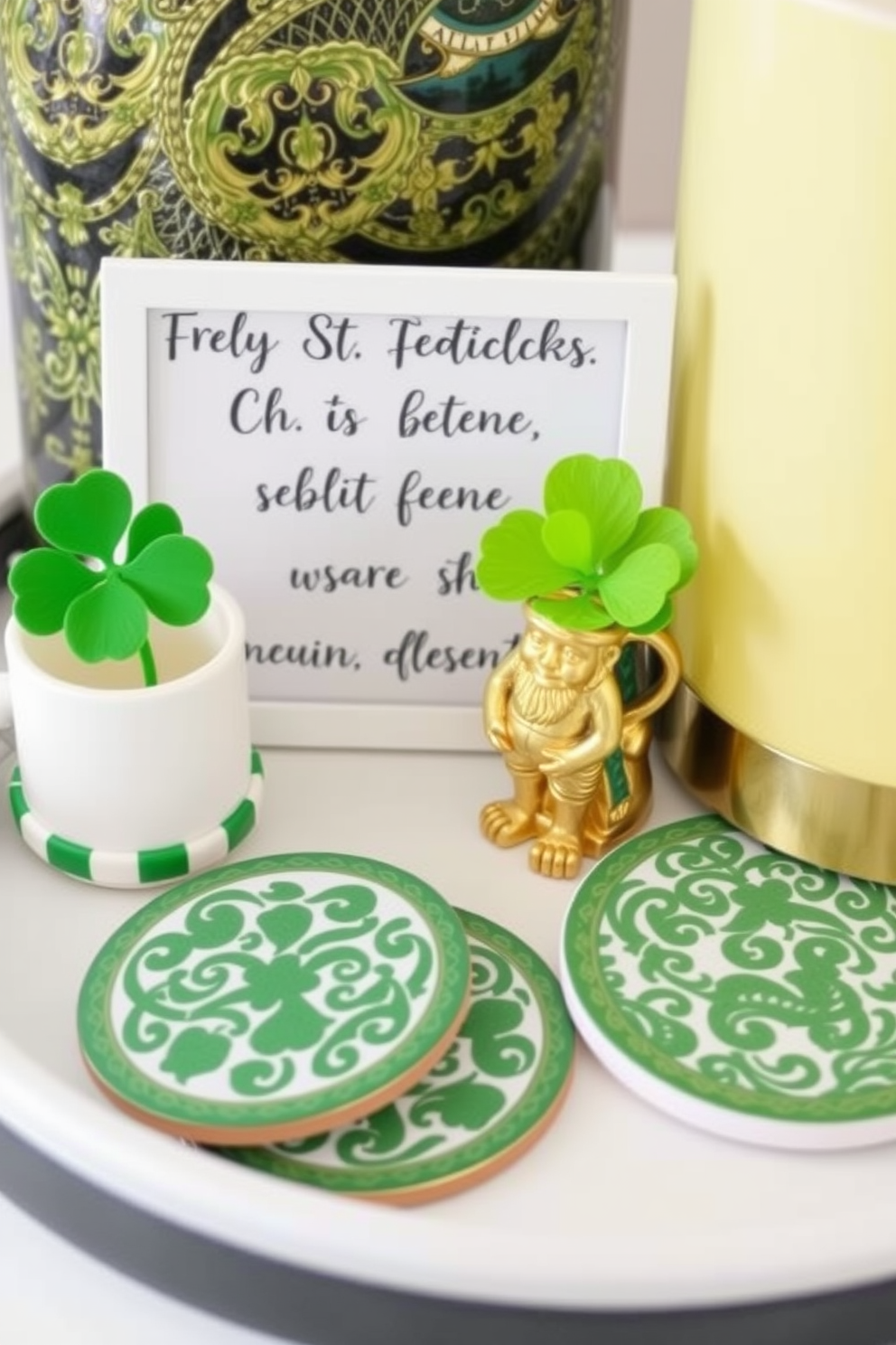 A cozy bathroom adorned for St. Patrick's Day. Green candles emit seasonal scents, while cheerful shamrock decorations add a festive touch.