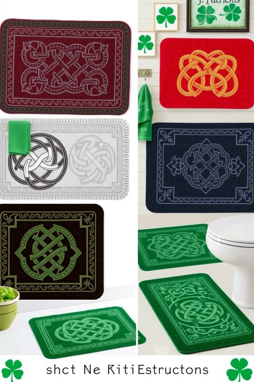 A selection of Celtic knot bath mats in various colors and patterns, showcasing intricate designs that evoke a sense of tradition and craftsmanship. These bath mats are placed in a bright and airy bathroom, complemented by green accents and St. Patrick's Day decorations, including shamrock-themed towels and wall art.