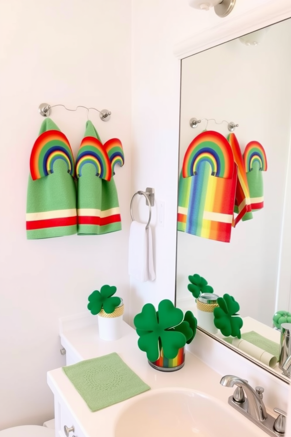 A bright and cheerful bathroom adorned with rainbow-themed towels hanging neatly on towel racks. The walls are painted in a soft white, creating a perfect backdrop for the vibrant colors of the towels. For St. Patrick's Day, the bathroom features festive green accents, including a decorative shamrock centerpiece on the vanity. Subtle touches of gold in the decor complement the holiday theme, adding a touch of elegance.