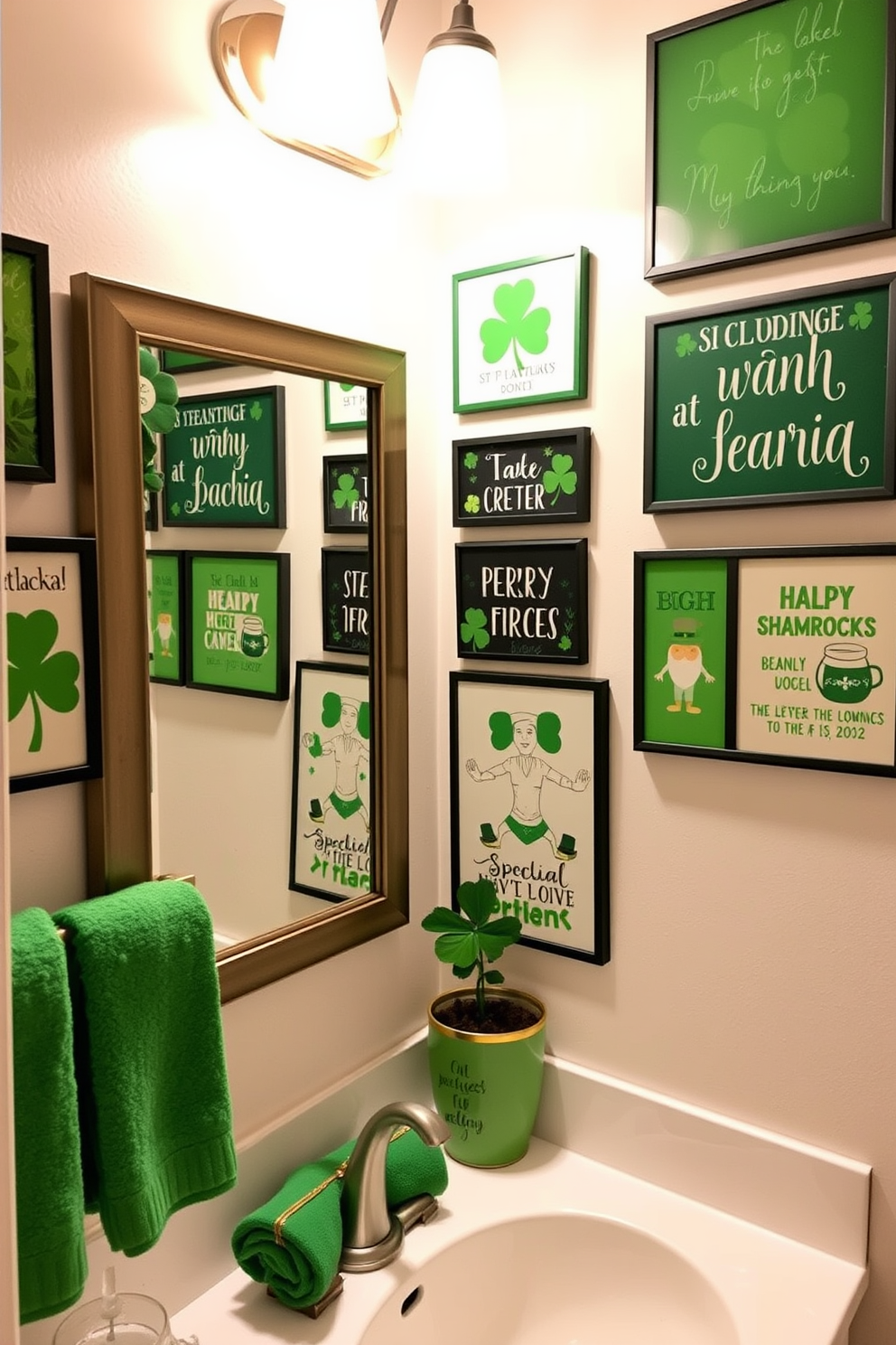 A collection of St Patrick's Day wall art prints adorns the bathroom walls, featuring vibrant greens and whimsical designs. The prints include shamrocks, leprechauns, and festive quotes, creating a cheerful atmosphere. To enhance the St Patrick's Day theme, decorative accents like green towels and gold-rimmed accessories are strategically placed throughout the space. A small potted shamrock plant sits on the countertop, adding a touch of nature to the festive decor.