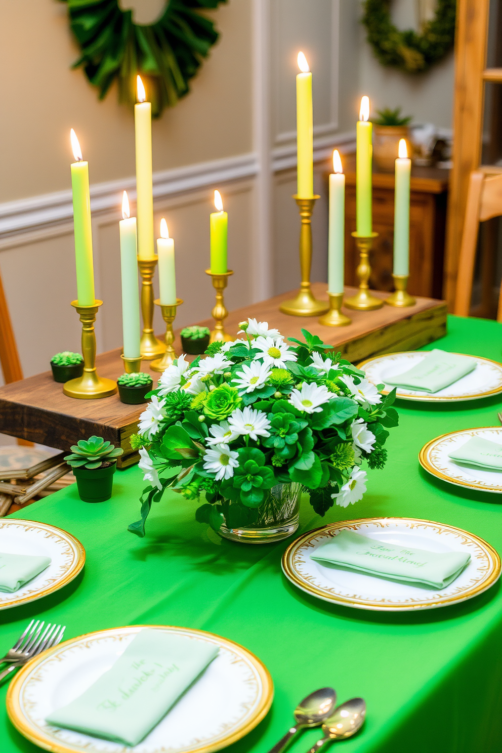 Decorative green candles are arranged on a rustic wooden table, casting a warm glow throughout the room. Surrounding the candles are small potted shamrocks and gold accents that enhance the festive atmosphere. The table is set with a cheerful green tablecloth, complemented by white dinnerware adorned with subtle gold trim. Fresh flowers in shades of white and green are placed in a vase at the center, creating a lively focal point for St. Patrick's Day celebrations.