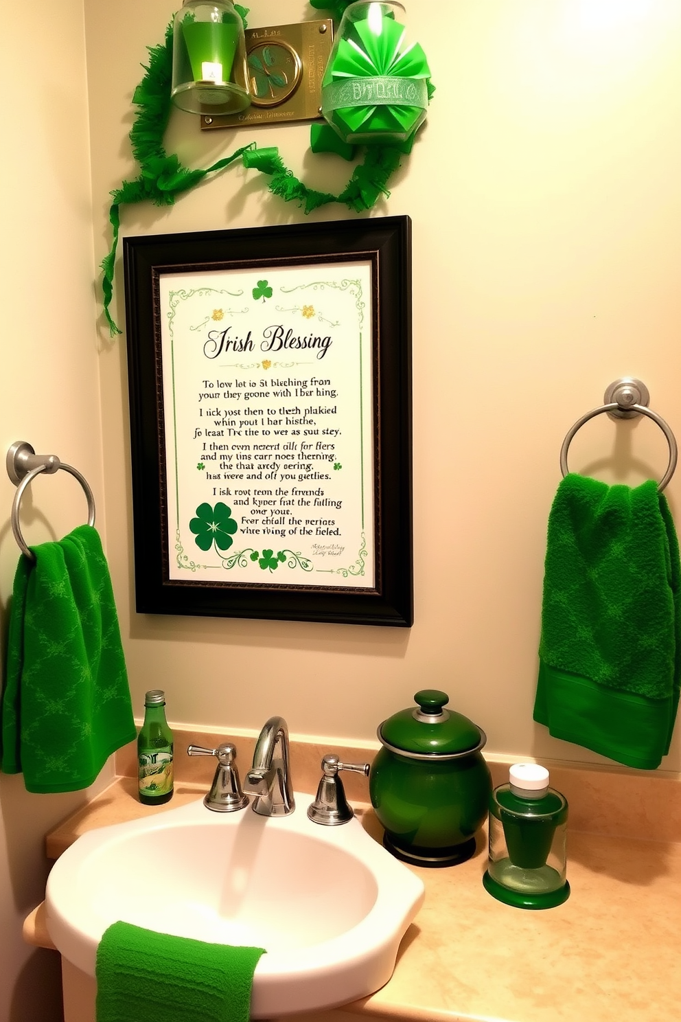 A charming bathroom decorated for St. Patrick's Day features an Irish blessing framed print prominently displayed on the wall. The print is surrounded by green accents, including towels and decorative items that evoke the spirit of the holiday.