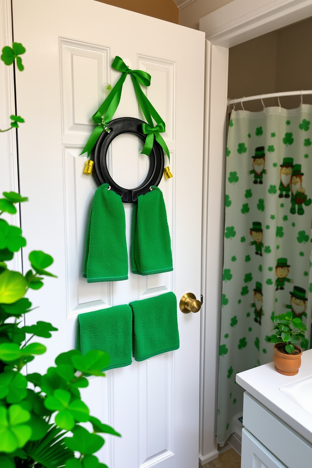 A lucky horseshoe hangs by the door, symbolizing good fortune and inviting positive energy into the home. The horseshoe is adorned with green ribbons and small shamrocks, creating a festive touch for St. Patrick's Day.