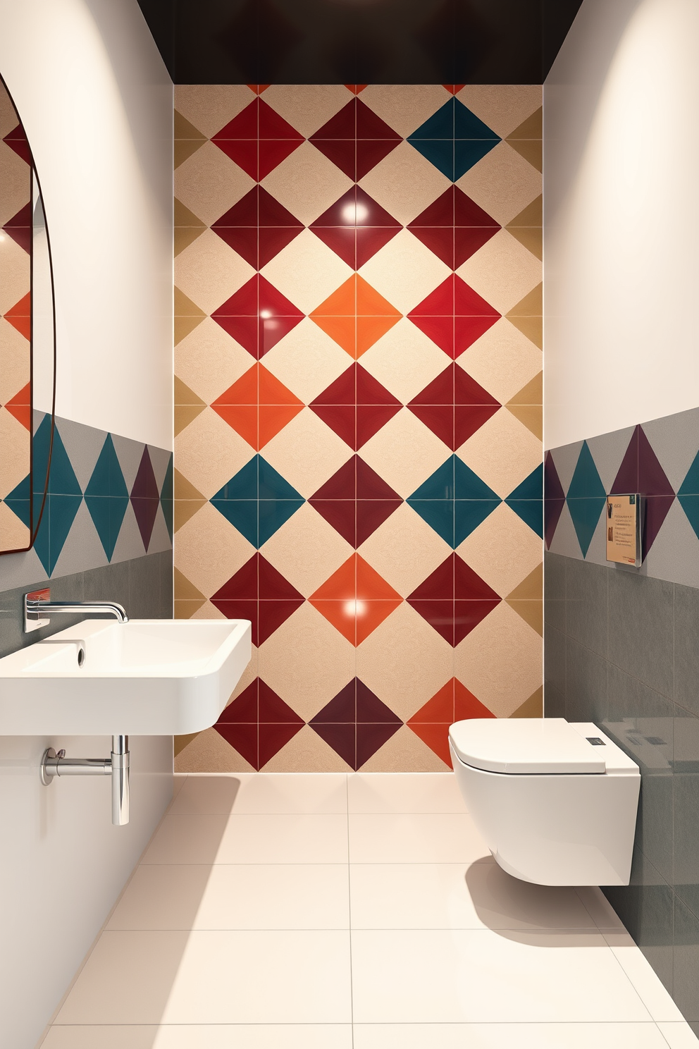 A stylish bathroom featuring modern geometric pattern tiles on the walls in a mix of bold colors. The floor is complemented by sleek white tiles that create a striking contrast with the vibrant wall design.