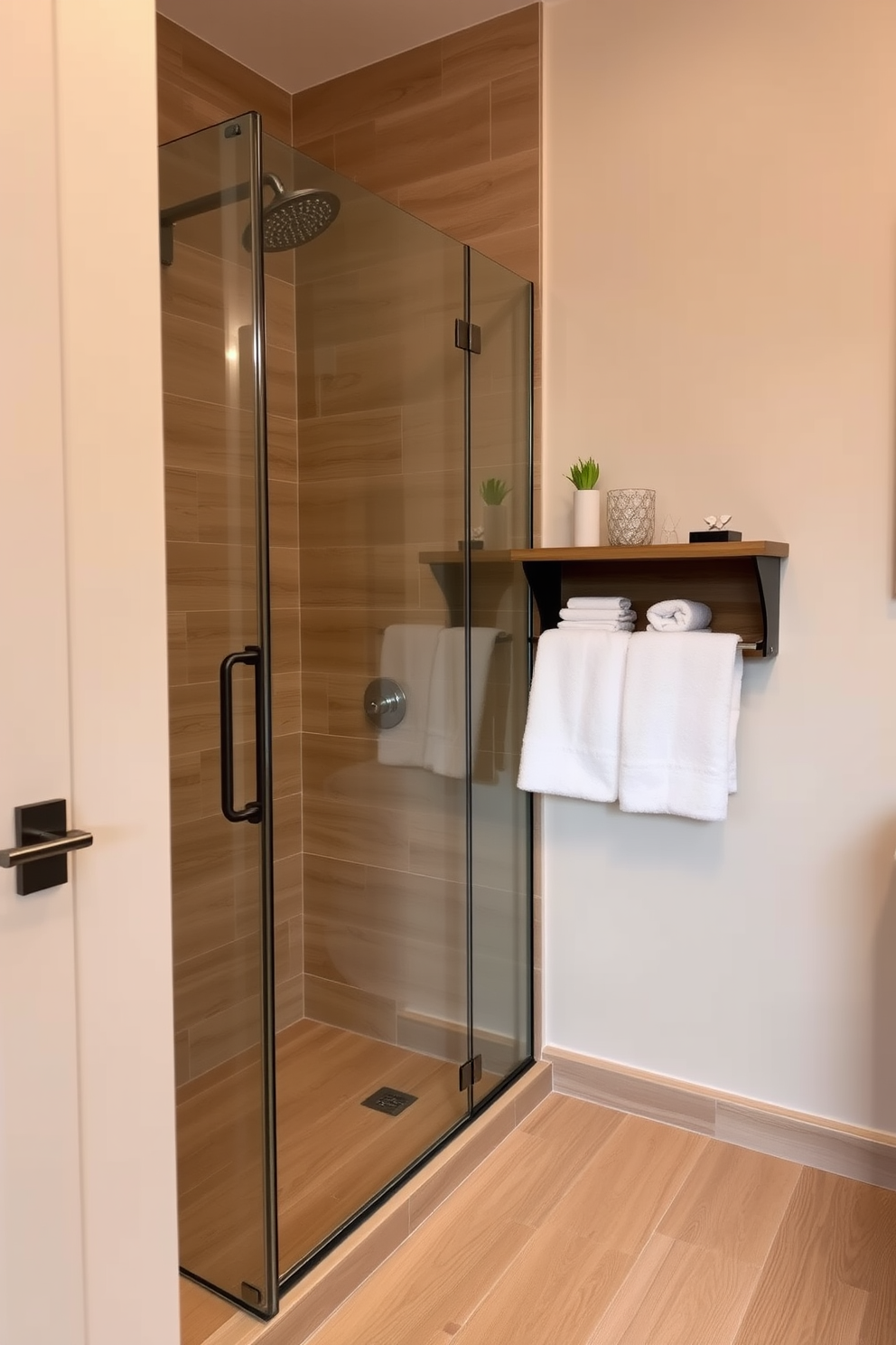 A cozy bathroom featuring natural wood look tiles that create a warm and inviting atmosphere. The walls are adorned with soft beige paint, complementing the earthy tones of the flooring. The shower area showcases a sleek glass enclosure with a rainfall showerhead. A minimalist wooden shelf holds neatly arranged towels and decorative items, enhancing the overall aesthetic.