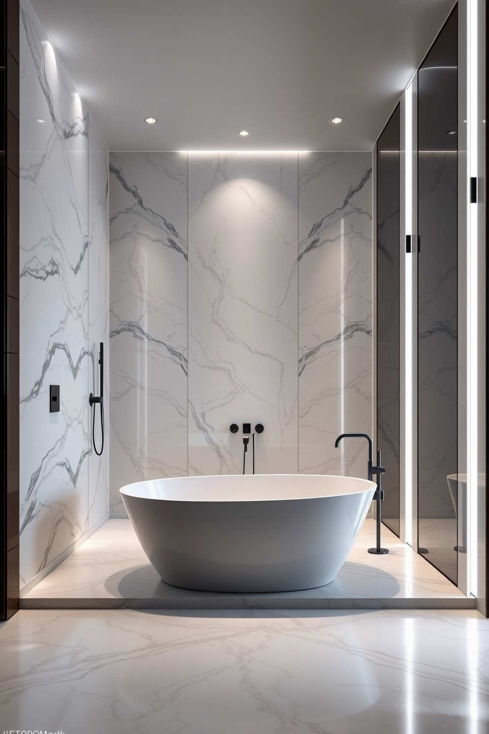 A cozy bathroom retreat featuring wood-look tiles that create a warm and inviting atmosphere. The walls are adorned with soft white accents, complementing the natural texture of the tiles for a harmonious design. The layout includes a spacious shower area with a glass enclosure and a sleek rainfall showerhead. A minimalist wooden bench is placed nearby, enhancing the overall aesthetic while providing functional seating.