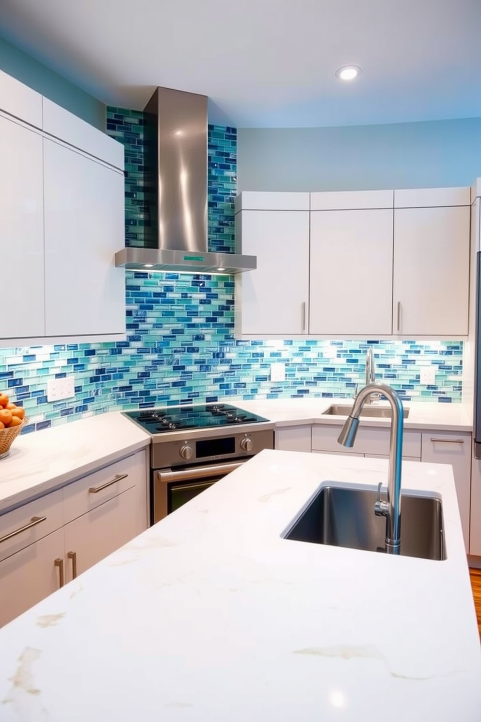 A stunning kitchen featuring glass tiles arranged in a shimmering backsplash that reflects light beautifully. The backsplash complements sleek cabinetry and a spacious countertop, creating a modern yet inviting atmosphere. Incorporate various shades of blue and green in the glass tiles to add depth and interest. The overall design should harmonize with stylish appliances and warm wooden accents for a balanced look.