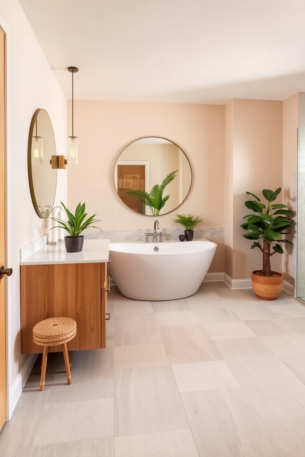 A serene bathroom setting featuring neutral tones throughout. The walls are painted in a soft beige while the floor showcases large rectangular tiles in a light gray hue. A freestanding bathtub sits elegantly in the center, surrounded by decorative potted plants. The vanity is crafted from natural wood with a white quartz countertop and a large round mirror above it.