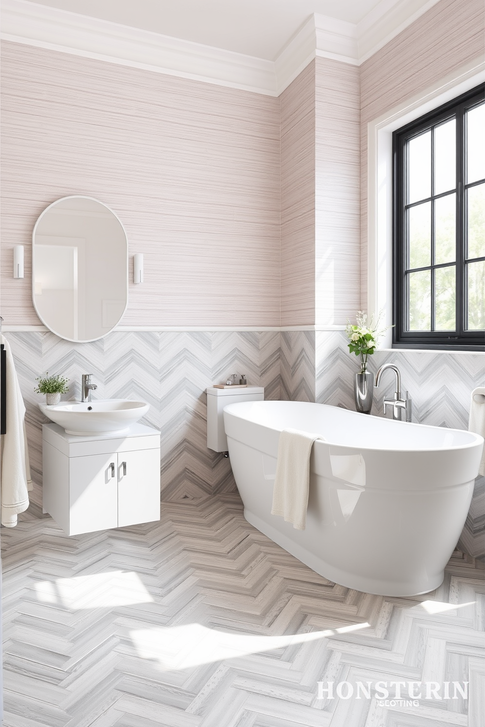 A chic bathroom design featuring chevron pattern tiles that create a dynamic visual interest. The tiles are in a soft gray tone, complementing the sleek white fixtures and adding a contemporary flair to the space. The walls are adorned with subtle textured wallpaper that enhances the overall elegance. Natural light floods in through a large window, illuminating the stylish decor and creating a warm, inviting atmosphere.