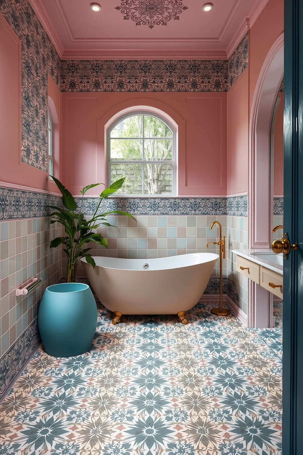 A vibrant bathroom featuring intricate patterned tiles that add an artistic flair to the space. The walls are adorned with soft pastel colors, complementing the bold designs of the tiles. The floor showcases a stunning mosaic of geometric patterns, drawing the eye and enhancing the overall aesthetic. A sleek freestanding tub sits gracefully in the corner, surrounded by lush greenery for a refreshing touch.