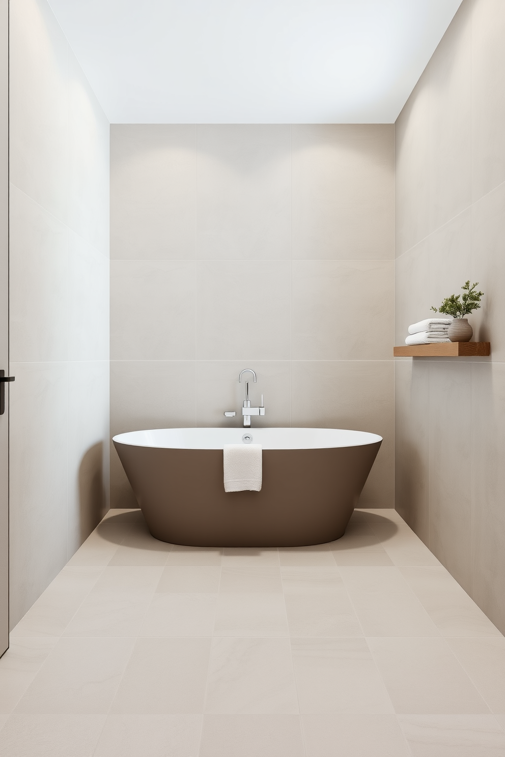 A serene bathroom ambiance featuring matte finish tiles in soft neutral tones. The walls are adorned with large matte tiles that create a seamless look, while the floor showcases smaller matte tiles arranged in a subtle pattern. The bathtub is freestanding and elegantly positioned, surrounded by minimalist decor. A wooden shelf holds neatly rolled towels and a potted plant, adding a touch of nature to the space.