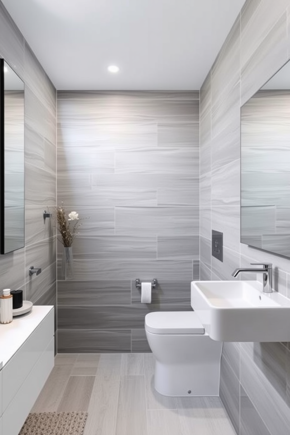 A modern bathroom featuring subtle gradient tiles that transition smoothly from light to dark shades, creating a serene and stylish atmosphere. The walls are adorned with these tiles, complemented by sleek fixtures and minimalist decor that enhance the contemporary aesthetic.