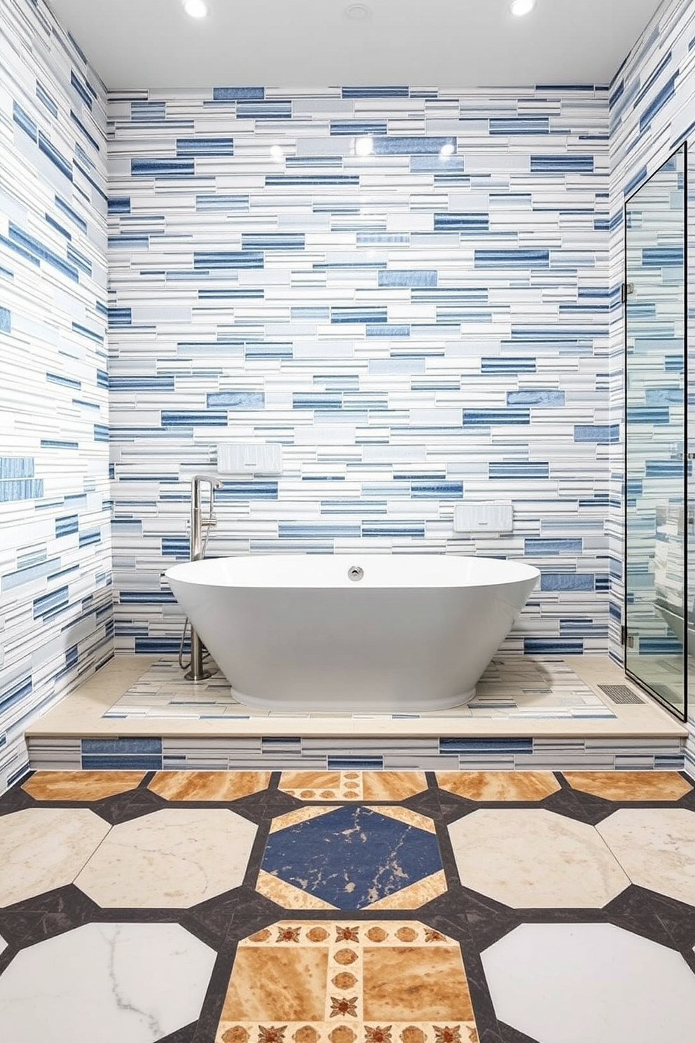 A stunning bathroom features a combination of mixed material tiles creating a unique and custom look. The walls are adorned with a blend of textured ceramic and glossy subway tiles in varying shades of blue and white. The floor showcases a geometric pattern with natural stone and porcelain tiles that complement the wall design. A sleek freestanding bathtub sits in the center, surrounded by elegant fixtures that enhance the overall aesthetic.