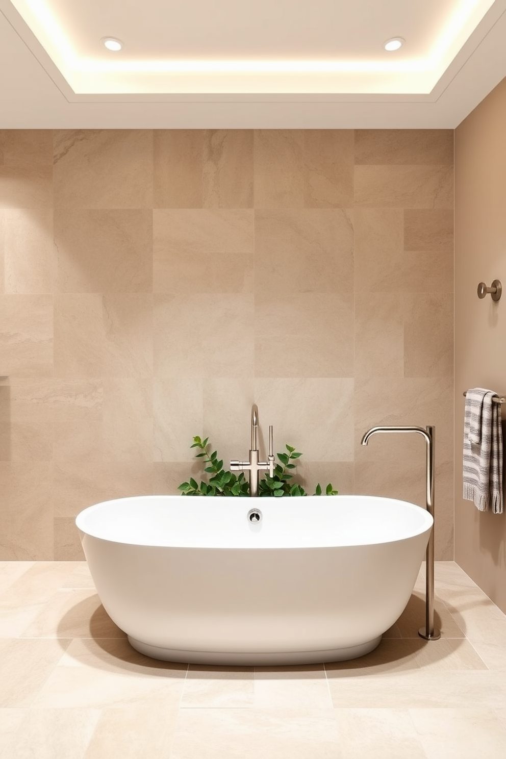 A serene bathroom space featuring limestone tiles that create a natural aesthetic. The walls are adorned with soft, neutral colors to complement the earthy tones of the tiles. A modern freestanding bathtub sits in the center, surrounded by greenery for an inviting touch. Elegant fixtures in brushed nickel add a contemporary flair to the overall design.