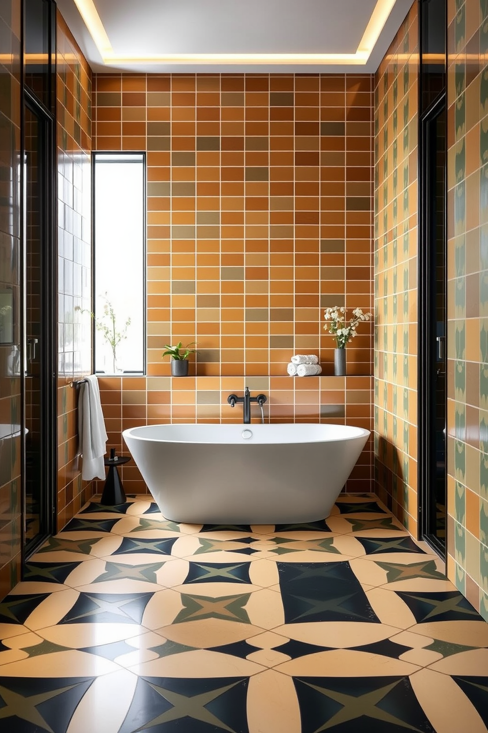 A striking bathroom space features bold graphic tiles that create a vibrant statement piece. The tiles are arranged in a geometric pattern, adding depth and interest to the walls and floor. Complementing the tiles, a sleek freestanding bathtub sits elegantly in the center, surrounded by minimalist decor. Soft, ambient lighting enhances the colors of the tiles, creating a warm and inviting atmosphere.