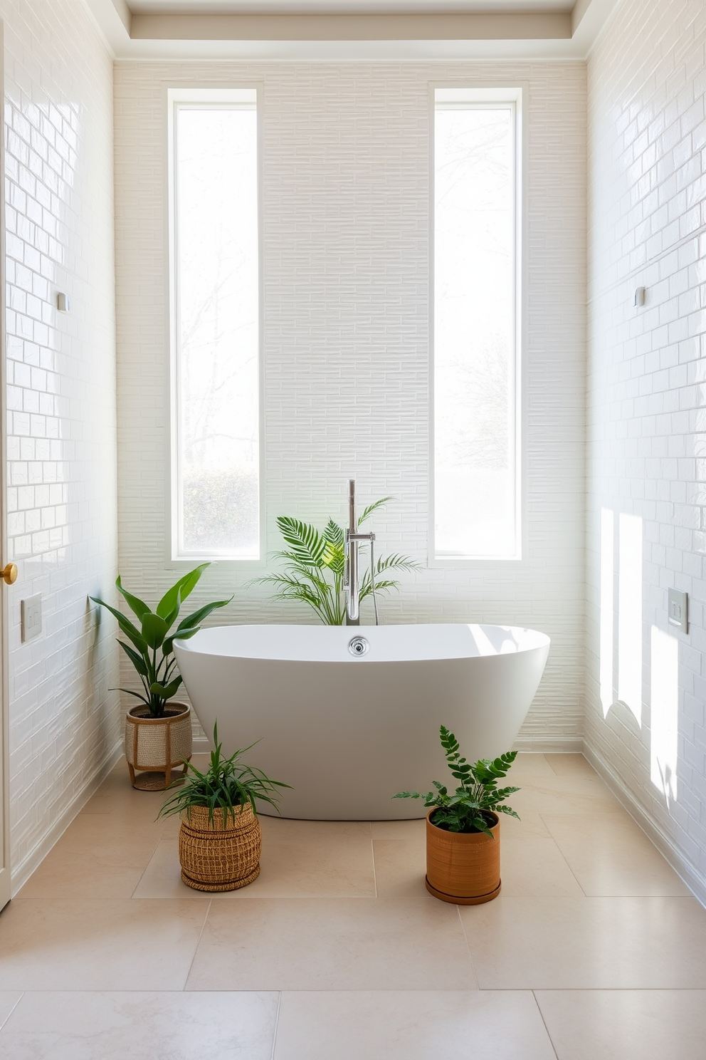 A serene bathroom oasis featuring whitewashed tiles that evoke a beachy atmosphere. The walls are adorned with light-colored, textured tiles that reflect natural light, creating a bright and airy space. The floor showcases large, smooth tiles in a soft sandy hue, complementing the coastal theme. A freestanding tub sits gracefully in the center, surrounded by potted plants that enhance the tranquil vibe.