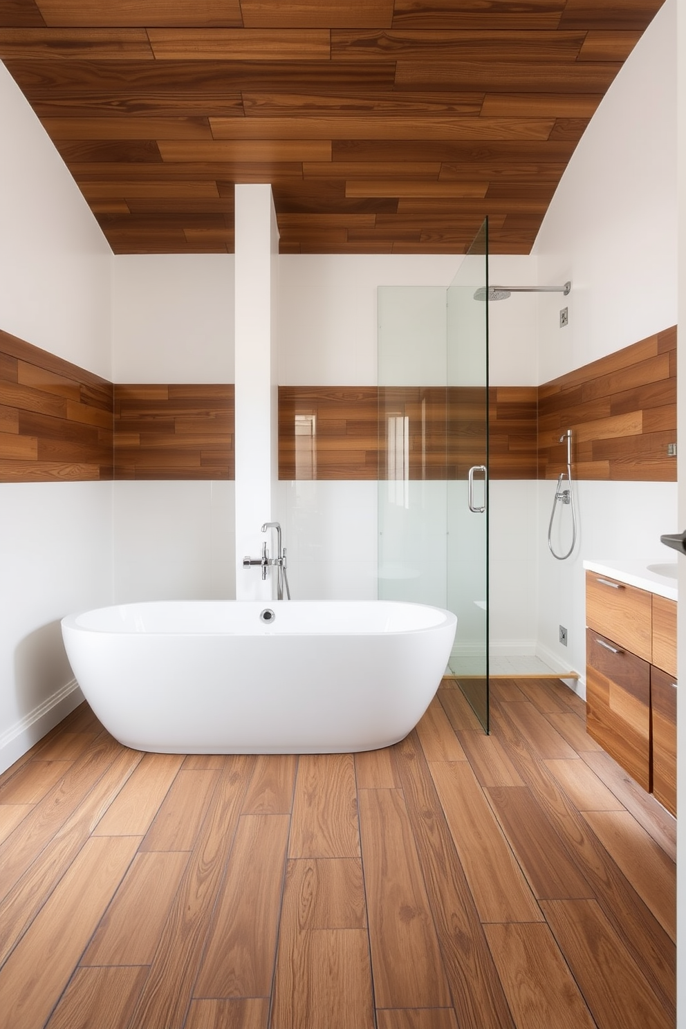 A serene bathroom space featuring reclaimed wood tiles that add warmth and character to the environment. The tiles are arranged in a herringbone pattern, creating a visually appealing backdrop for the modern fixtures. The walls are adorned with soft white paint, providing a clean contrast to the rustic floor. A sleek freestanding bathtub sits against the wall, complemented by a minimalist shower area with glass panels.