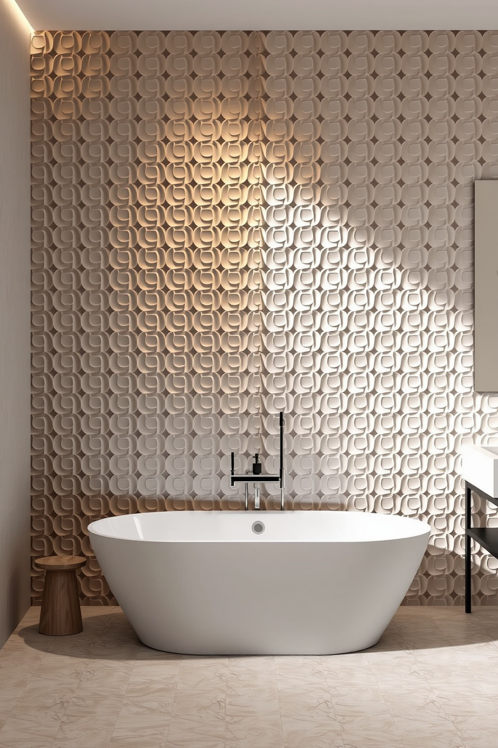 Textured 3D tiles create a stunning visual depth that transforms any bathroom space. The interplay of light and shadow enhances the intricate patterns, adding a luxurious touch to the overall design. Consider a layout where the 3D tiles are used as a feature wall behind a freestanding bathtub. The tiles could be complemented by sleek fixtures and a minimalist vanity to maintain a cohesive and elegant aesthetic.