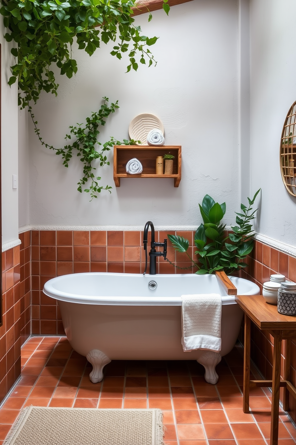 A charming bathroom adorned with terracotta tiles that evoke a Mediterranean feel. The warm earthy tones of the tiles create a cozy atmosphere, complemented by whitewashed walls and wooden accents. The space features a freestanding bathtub surrounded by lush greenery, enhancing the natural aesthetic. A rustic wooden shelf holds neatly rolled towels and artisanal soaps, adding to the inviting ambiance.